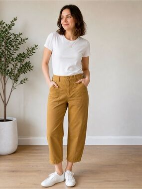 Lands End Women's Chino High Rise Barrel Leg Utility Ankle Pants Mustard 10 P